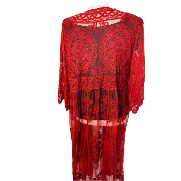 Vivid Collection Open Cardigan SZ M Red Crochet Lace Short Sleeve Top Boho Fall - Picture 10 of 15